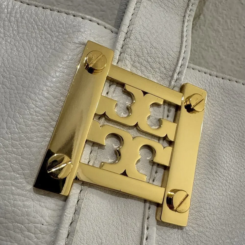 Tory Burch Gareth White Pebbled Leather Bucket Shoulder Tote Bag Gold Hardware